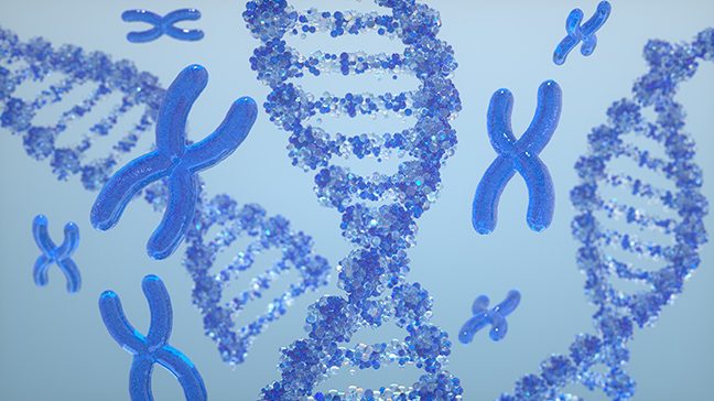 Chromosomes and dna double helix rotating on light blue background