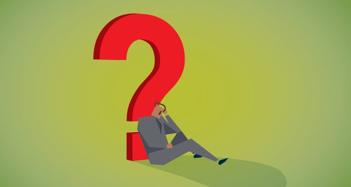 Confused male character leaning against a giant question mark