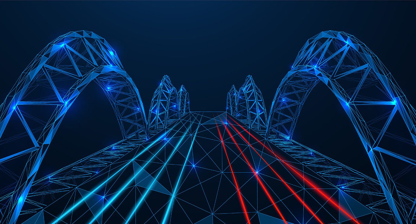 Abstract illustration of a bridge created by lightbeams