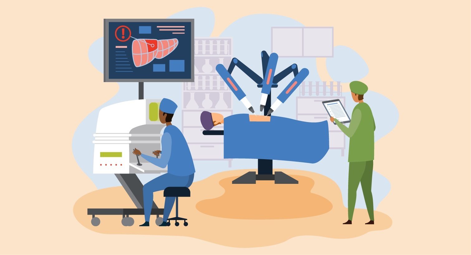 Illustration of two surgeons and a patient in OR. The surgeons are reviewing imaging of a liver. 