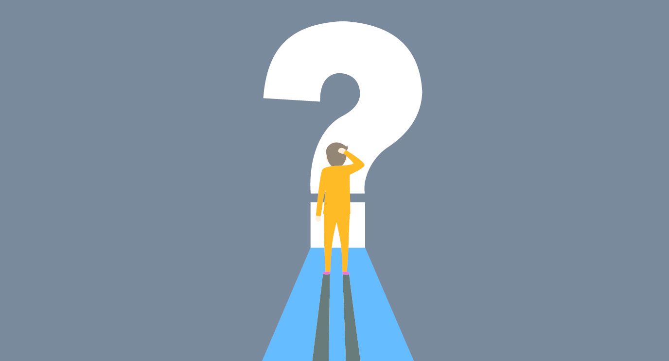 Graphic of a man standing in the shadow of a giant question mark