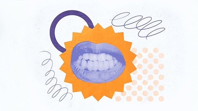 A blue mouth surrounded by orange and blue doodles