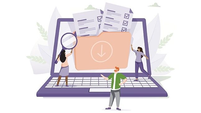 Graphic of purple laptop surrounded by people. On the laptop screen, a large folder icon holds purple documents.