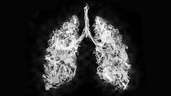 White smoke in the shape of lungs on a black background