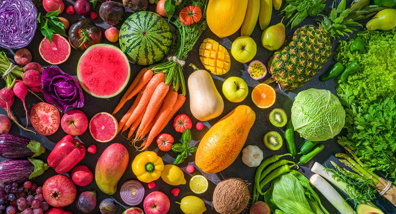 Image of a colorful array of various fruits and vegetables