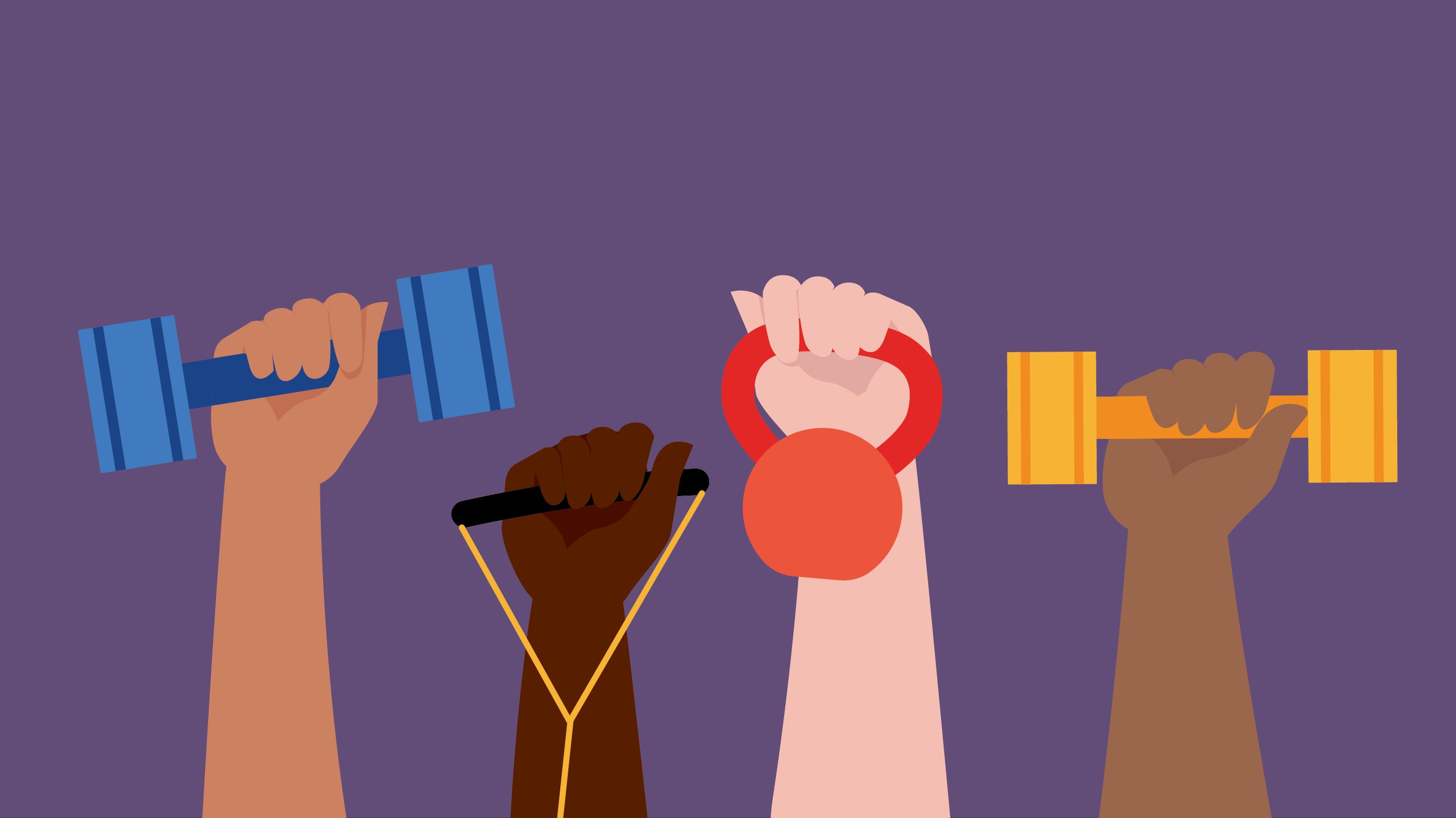 Illustration of hands holding various types of exercise equipment