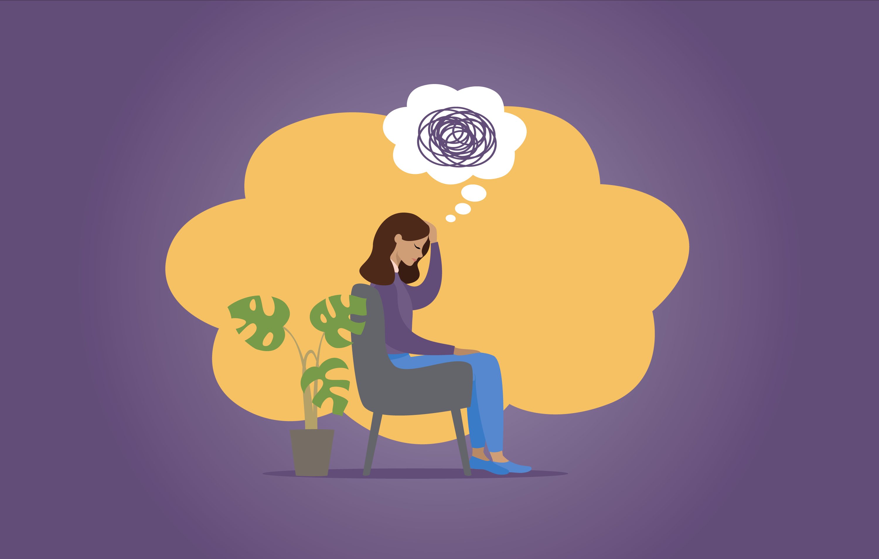 Illustration show woman sitting on chair holding her head.