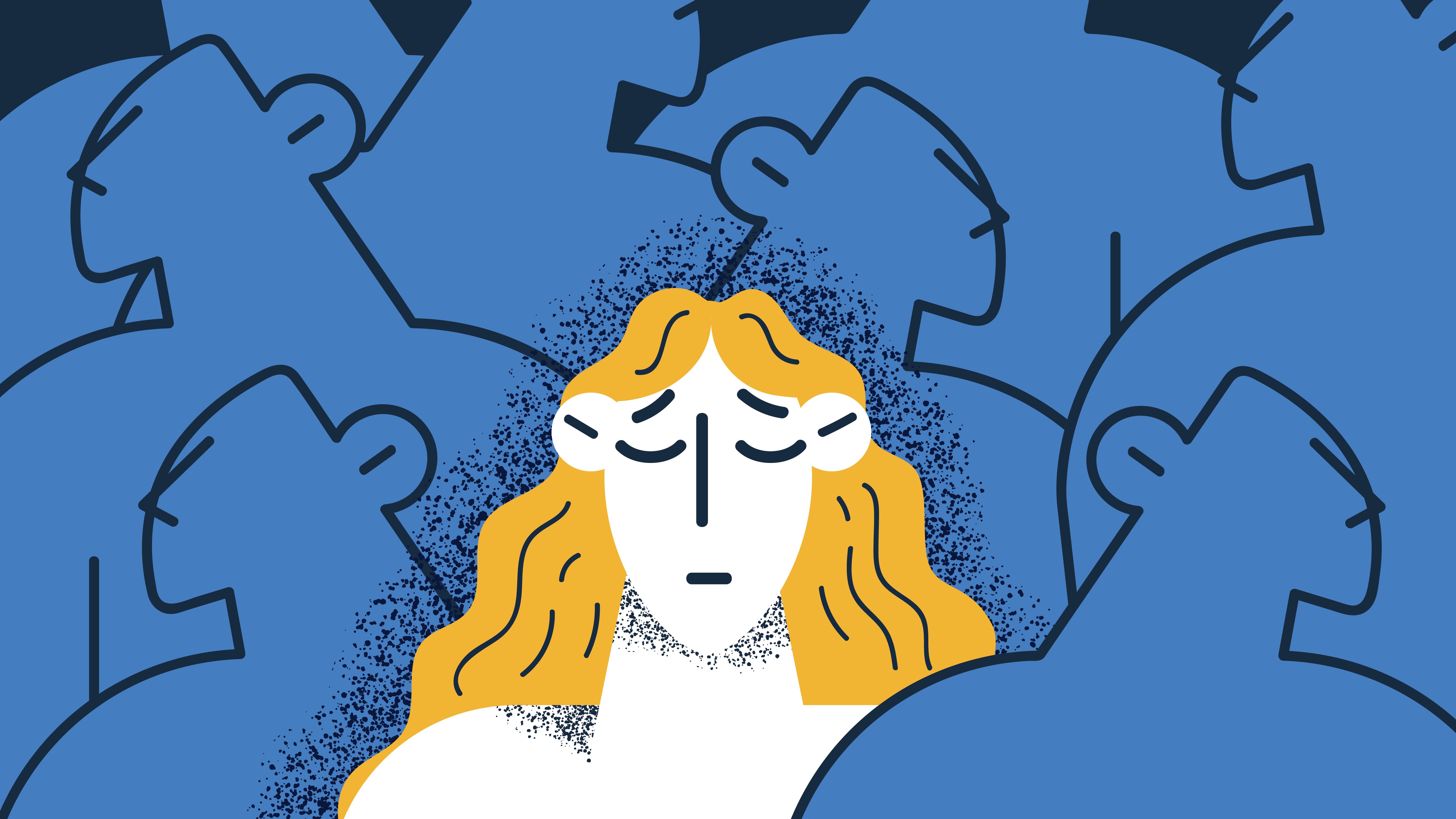 Sad blonde cartoon woman in the middle of a crowd of indifferent blue men