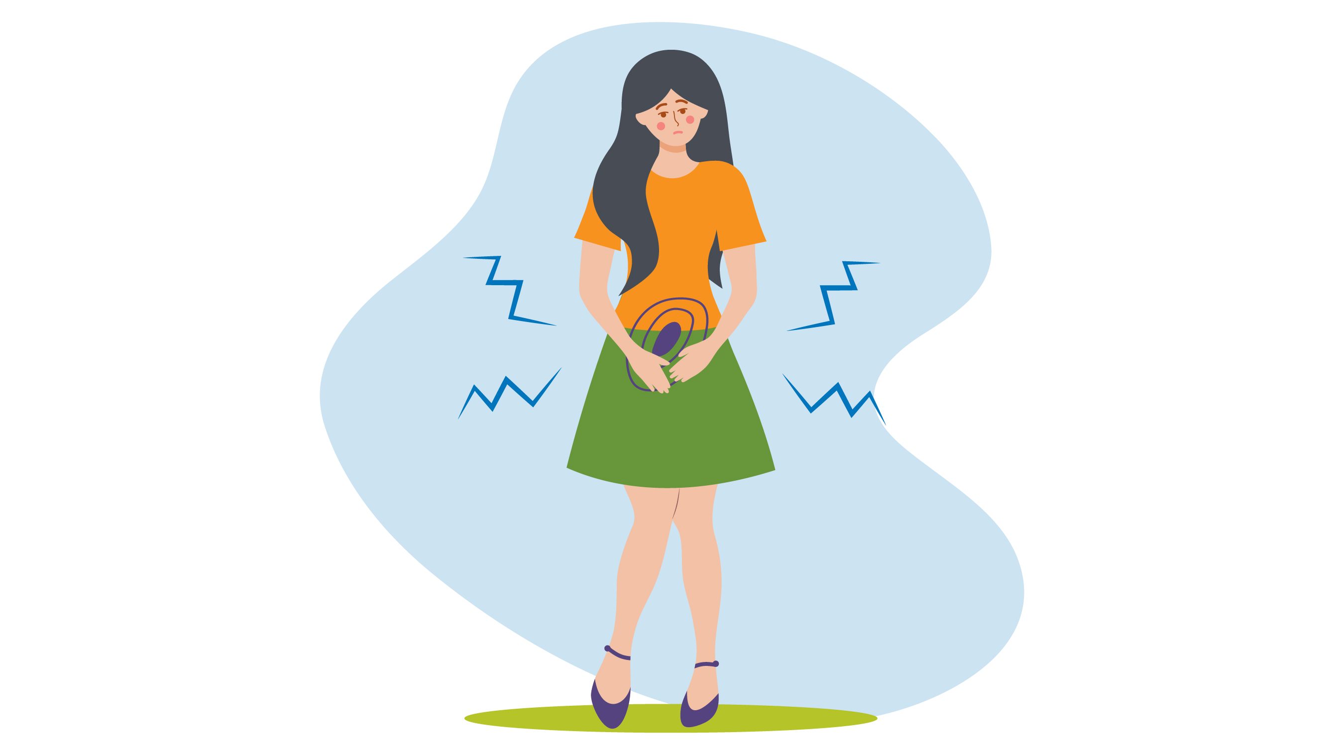 Cartoon of dark haired woman holding her painful abdomen