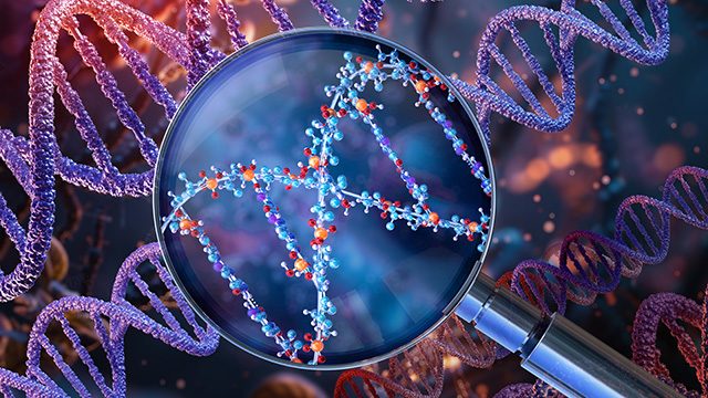 Illustration of magnifying glass focused on a DNA strand 