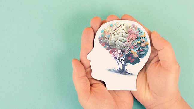 Hands cupping a colorful paper cutout of a head with brain highlighted