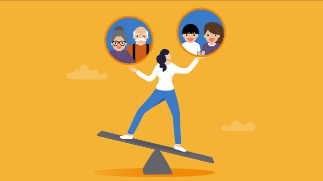 Cartoon woman balancing balls with pictures of children and parents on a see-saw