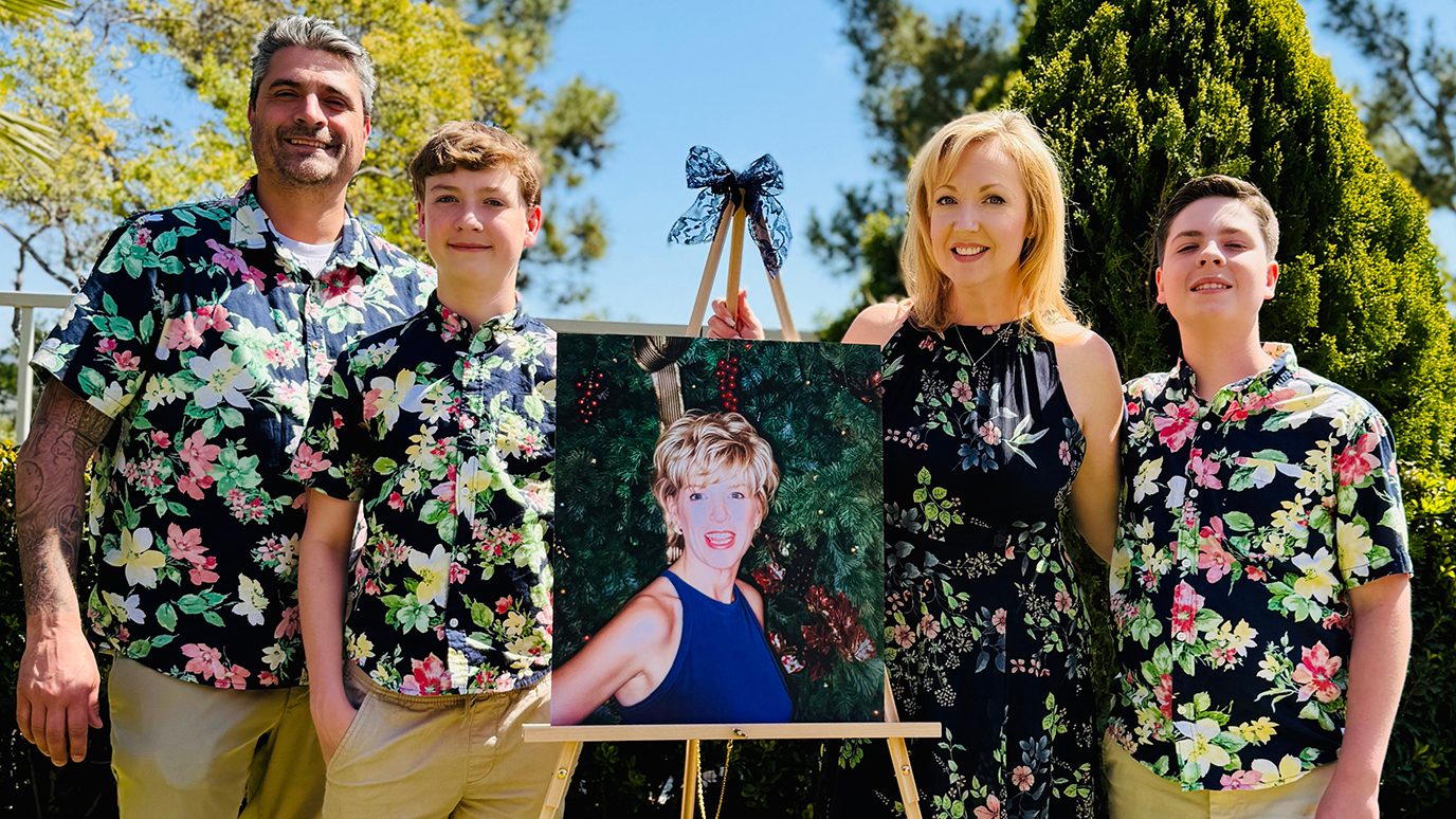Stomach cancer previvor Ashley Zaldivar with her husband and sons at her mother's funeral in March 2025