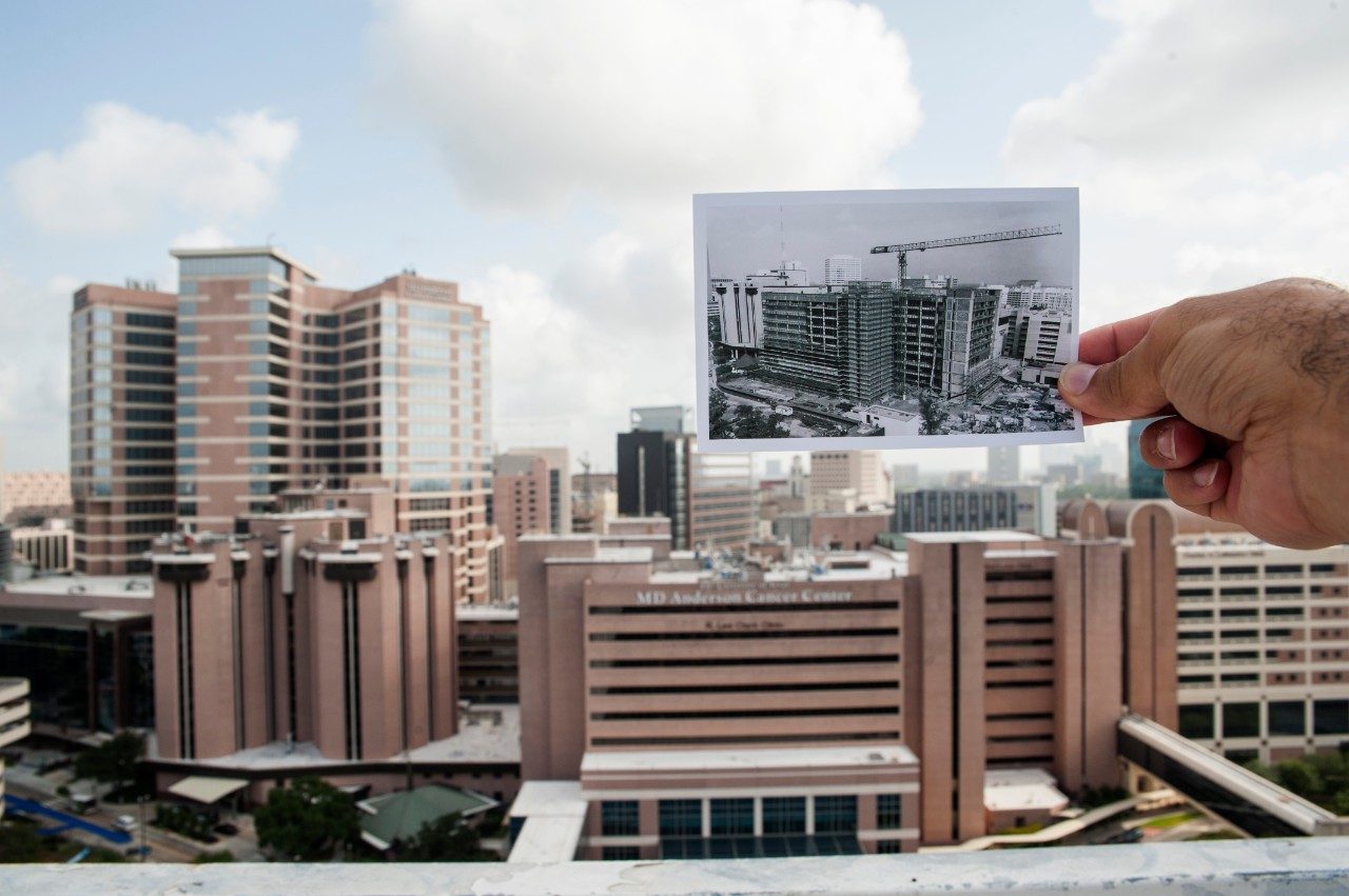 A dated construction photo of the Clark Clinic juxtoposed against the present-day building.
