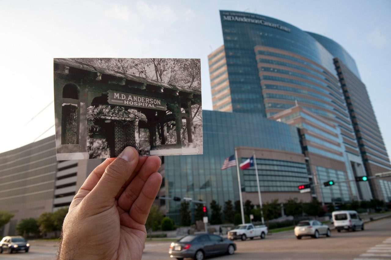 A dated photo of the first temporary MD Anderson building juxtaposed against the current Mid Campus Building 1.