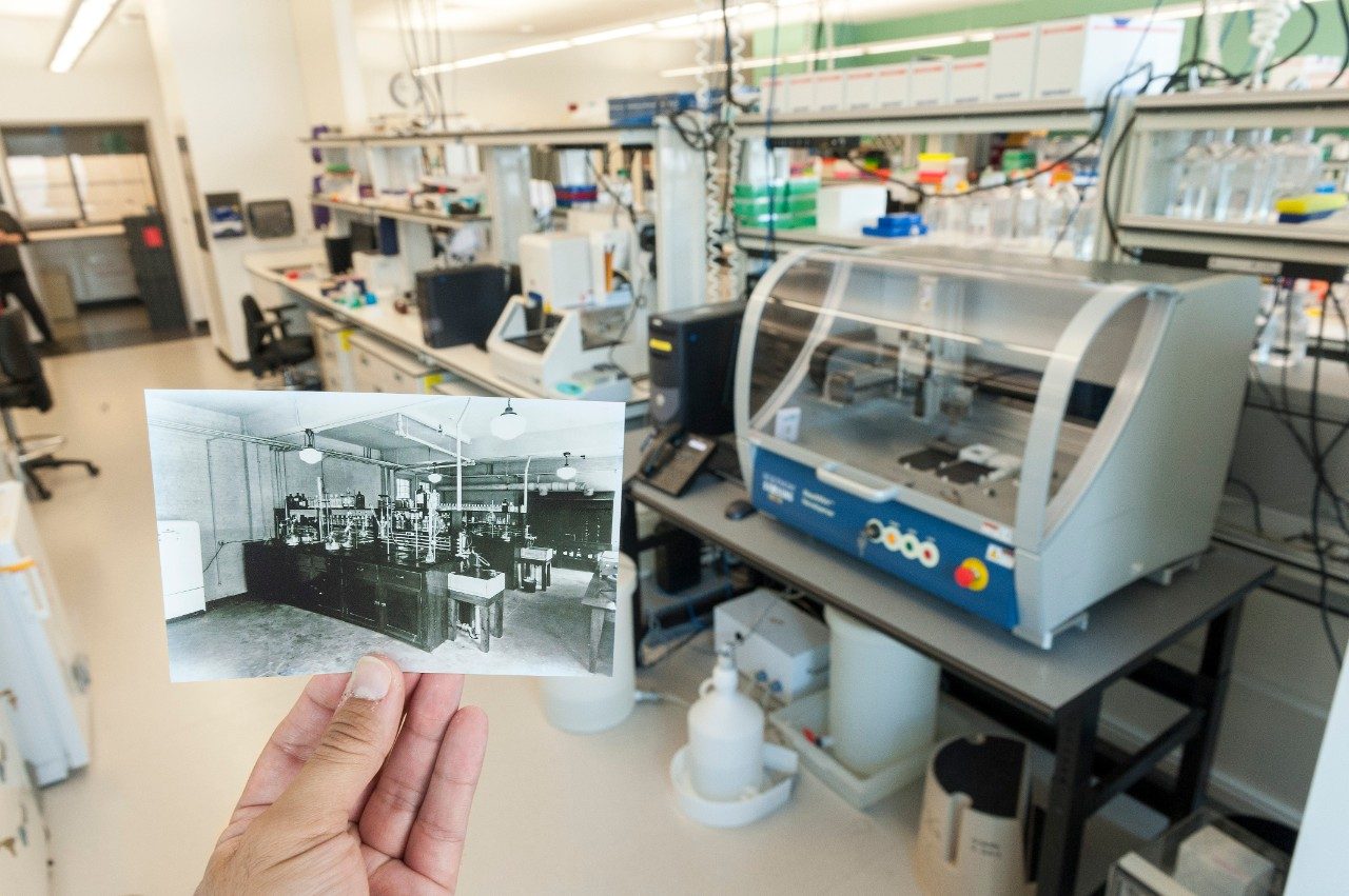A dated photo of MD Anderson's original lab juxtaposed against a new lab within our Zayed Research Building. 