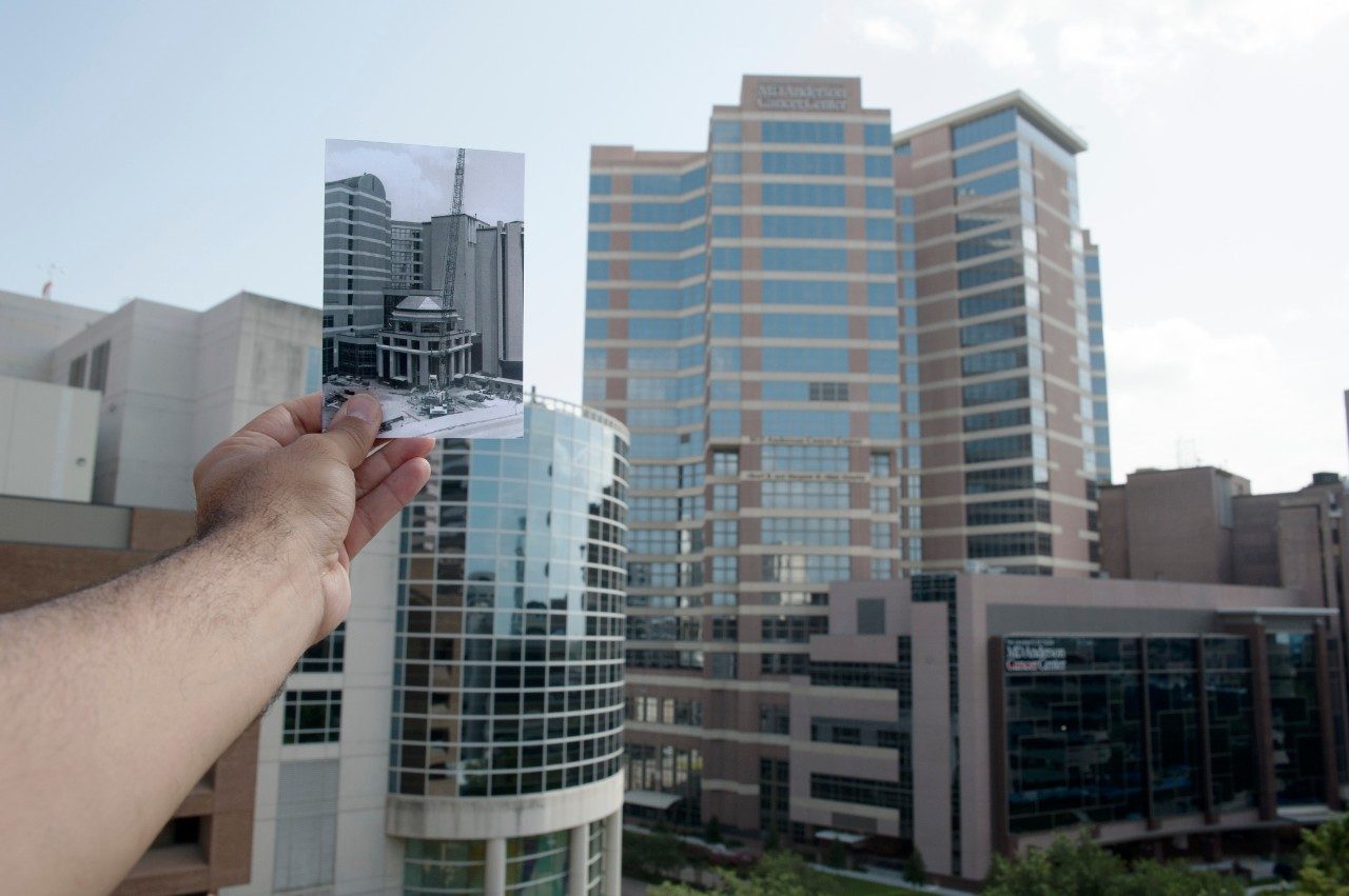 A dated photo of the Albert B. and Margaret M. Alkek Hospital under construction juxtaposed against what it looks like today.