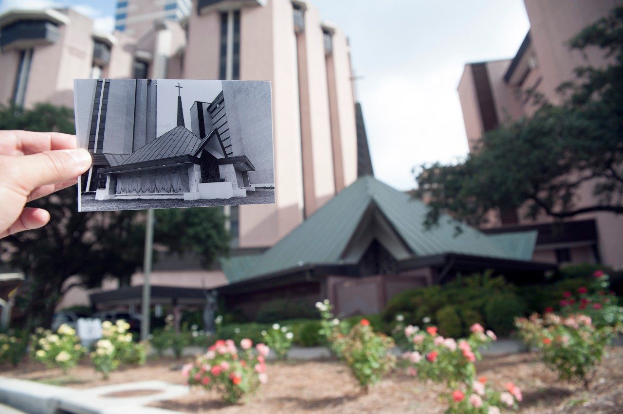 A dated photo of the Freeman-Dunn Chapel juxtaposed against how it looks today.