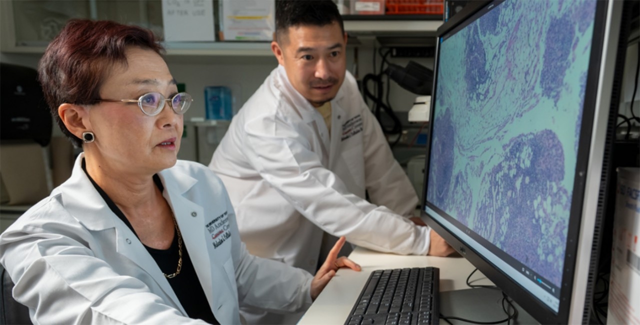 A woman zooms in on a medical image on her computer screen as her colleague looks on.