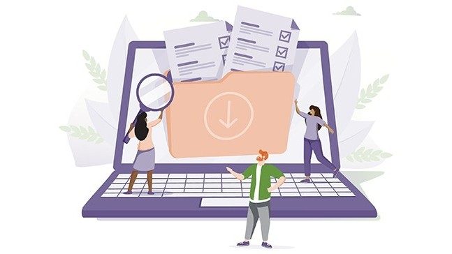 Graphic of purple laptop surrounded by people. On the laptop screen, a large folder icon holds purple documents.