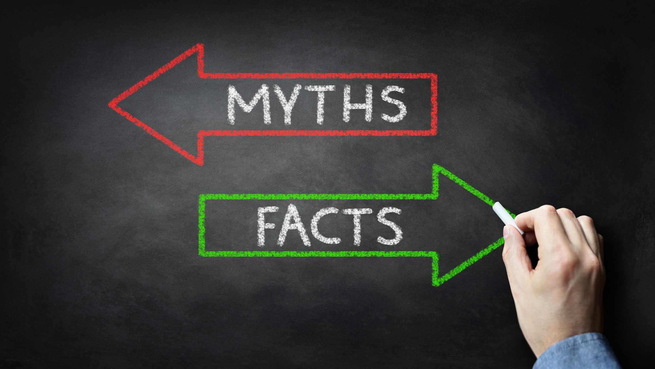 Blackboard with the words "myths" and "facts" written inside red and green arrows