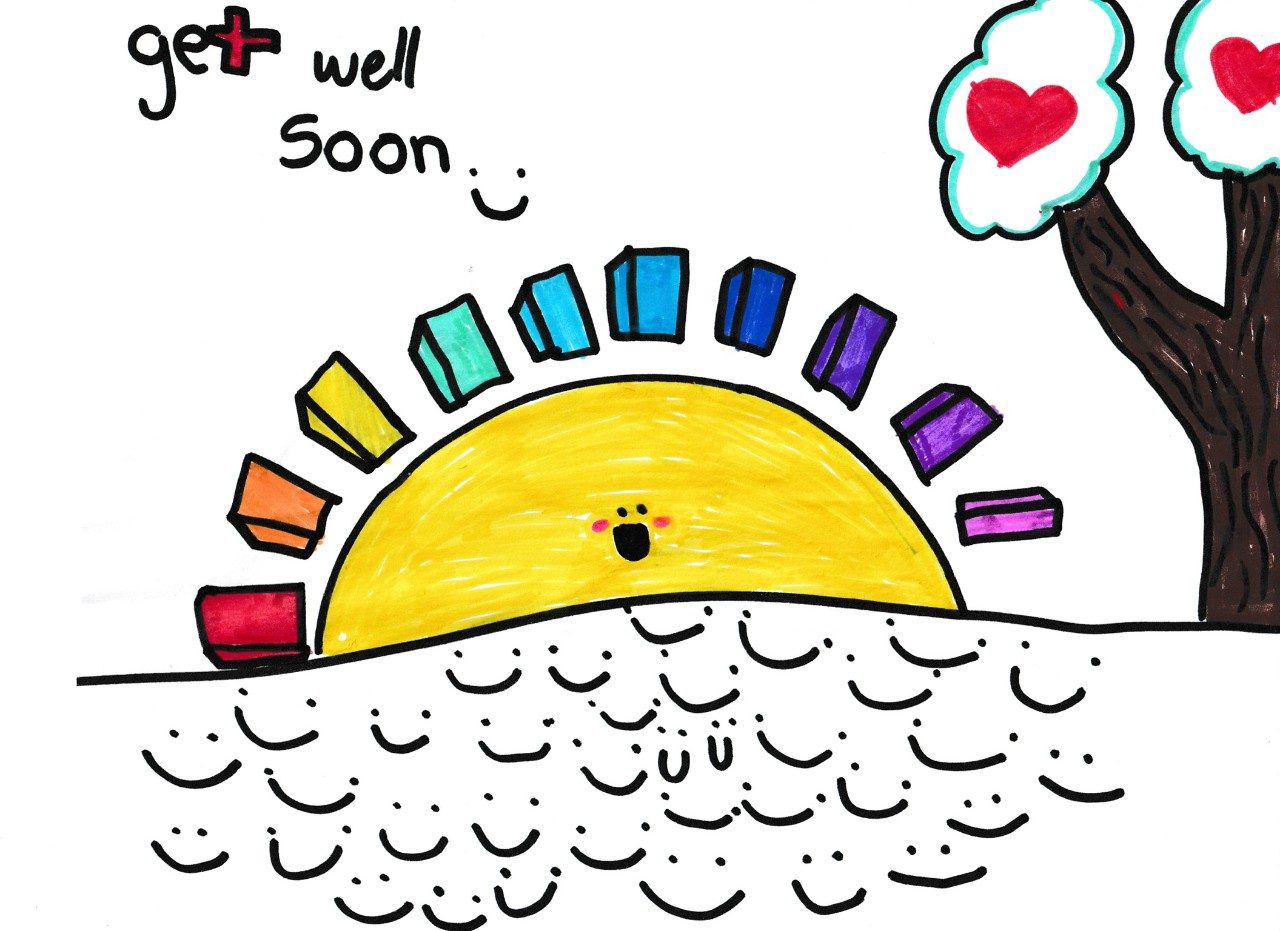 Get well card featuring sun with rainbow rays