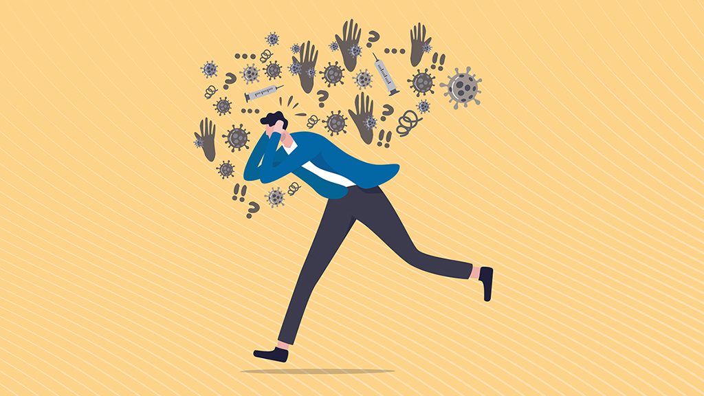 panicked man running from swarm of distressed thoughts about COVID-19, the novel coronavirus