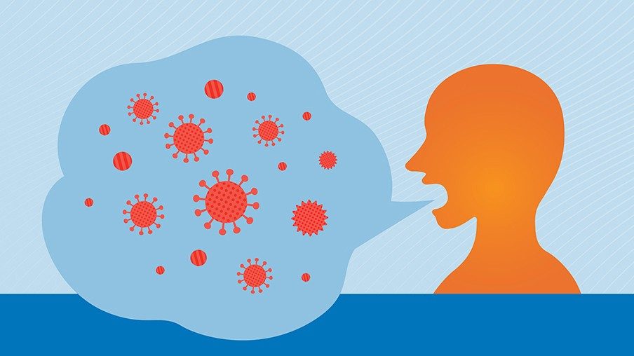 Person emitting virus particles in breath while speaking
