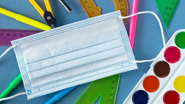 School supplies with medical-grade face mask