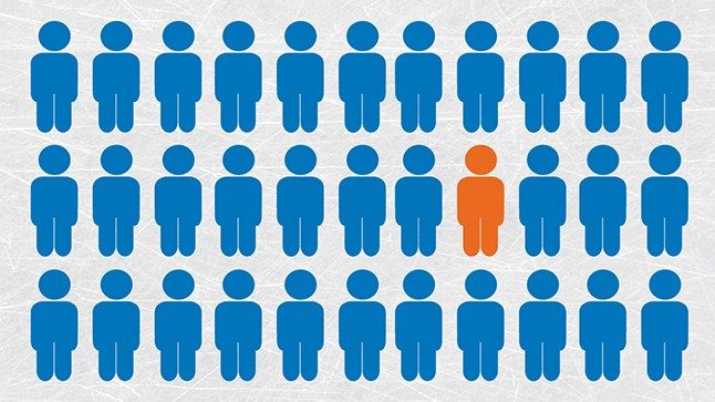 One orange figure among a field of blue figures 