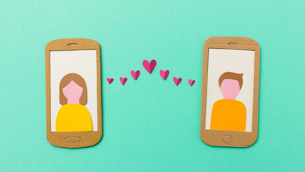 graphic of two cell phones with a trail of hearts connecting them