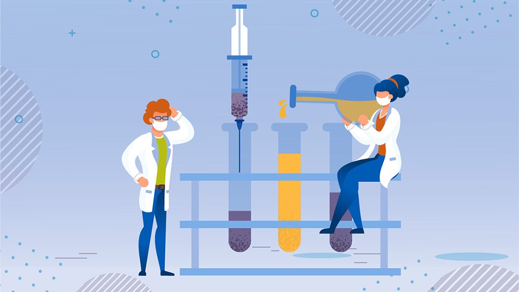 Drawing of two scientists working with oversize beakers