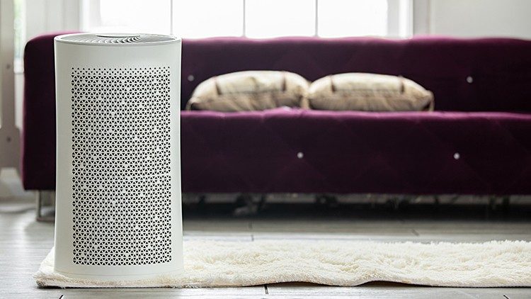 Portable air purifier with purple couch in background