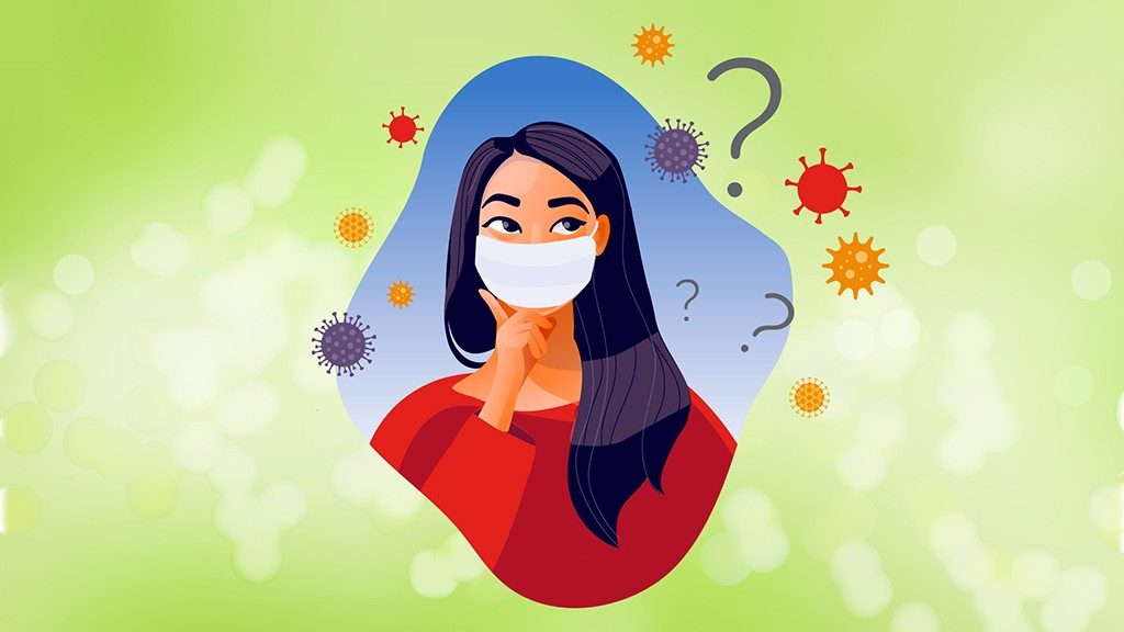 Masked contemplative woman surrounded by floating COVID-icons and question marks