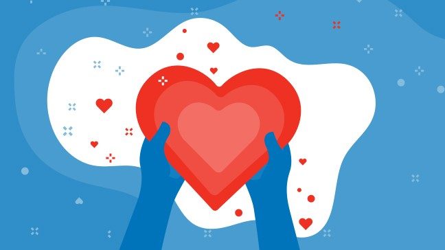 Illustration of heart in hands with snowy background