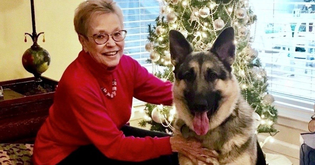 Lung cancer survivor Nancy White with her service dog, Hans, in front of a Christmas tree