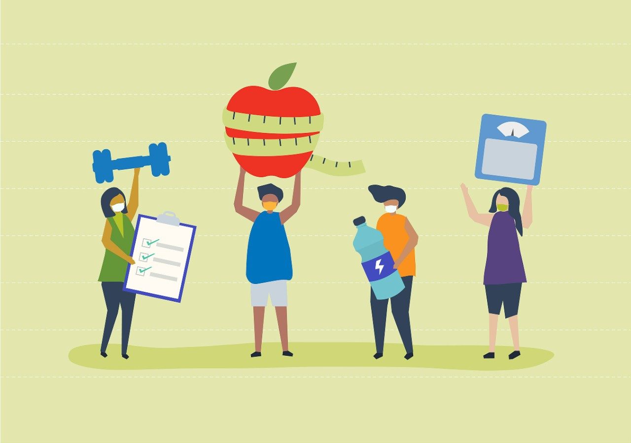 Illustration shows women with weight loss props: weight, scale, check list, apple, water bottle.