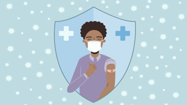Stylized graphic of man giving thumbs-up sign after vaccination
