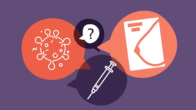 Purple and pink illustration showing a COVID-19, a vaccine, a question mark and a breast image