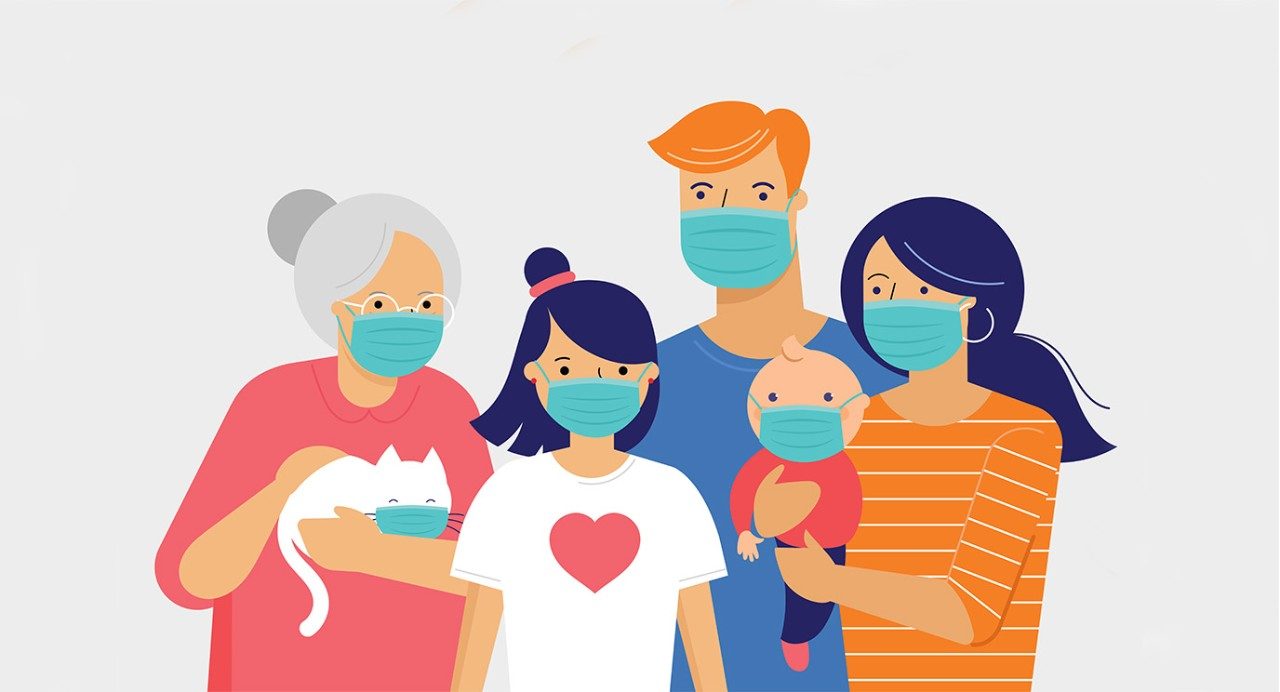 Extended family wearing masks