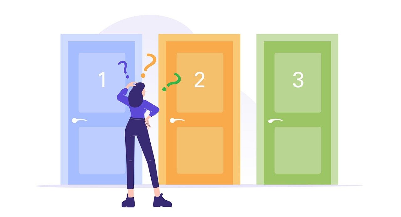 A confused woman standing before three closed doors