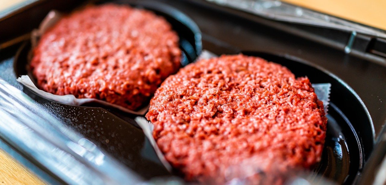 Two plant-based meat burgers in packaging