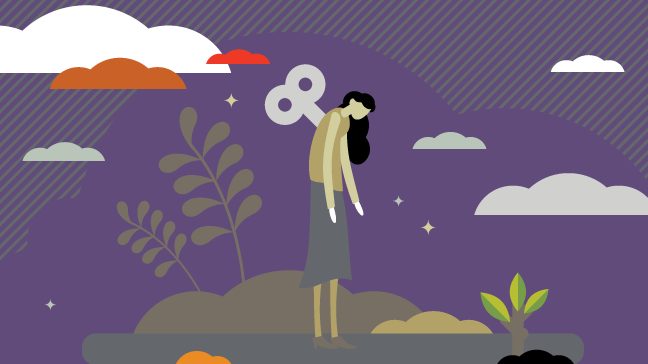 Graphic of burned out woman in landscape