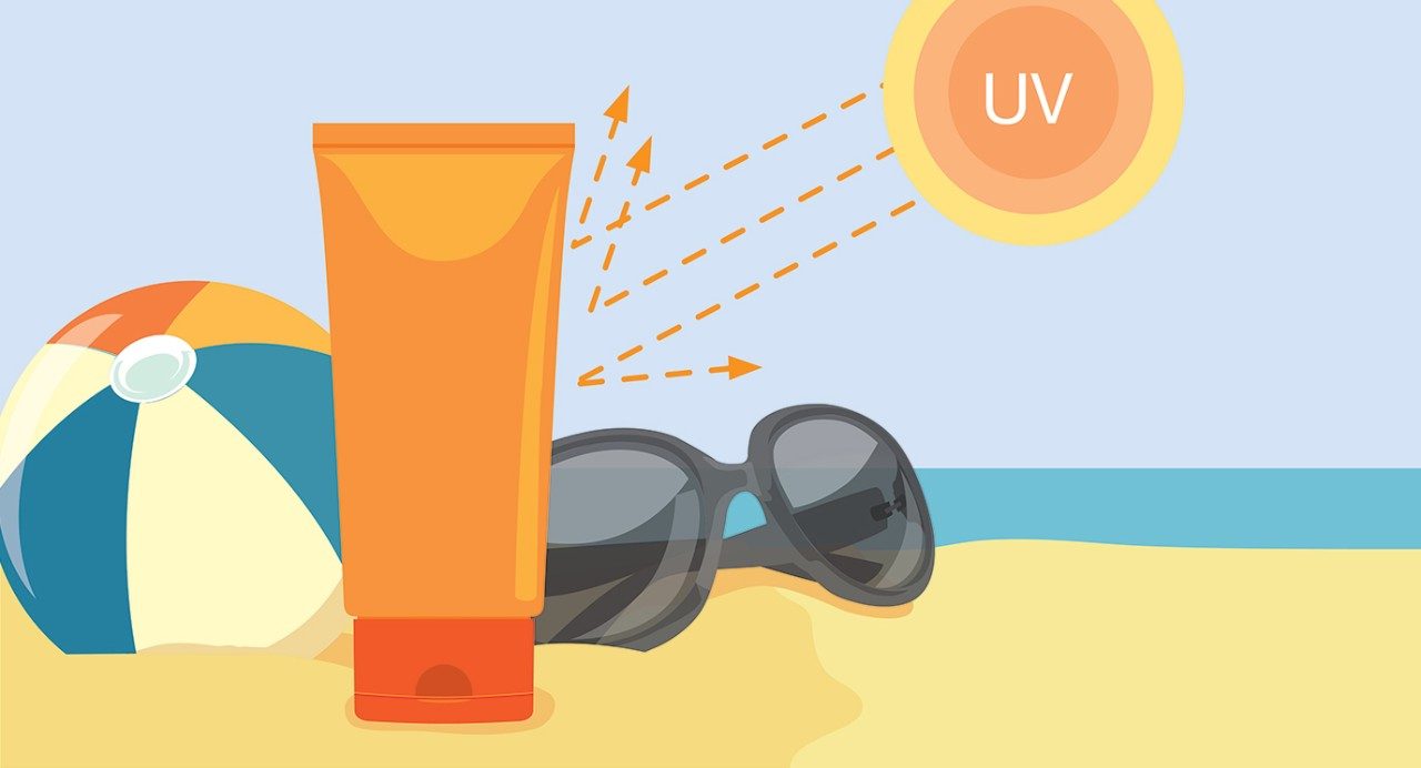 Illustration shows sunscreen, sunglasses and beach ball on the beach. The sun's UV rays shine down on them.