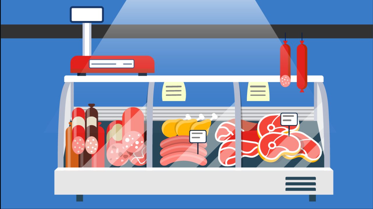 Illustration with blue background showing grocery store meat counter