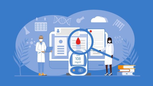 illustration of two doctors on blue background with images related to diabetes, weight and DNA surrounding them