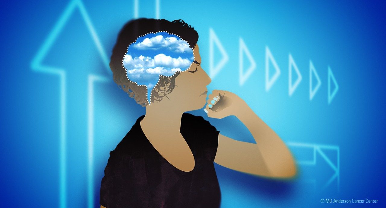 Illustration with blue background showing woman with a thought bubble filled with clouds in her head where her brain is located.