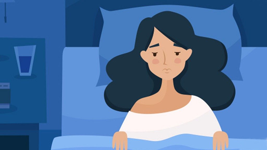 Graphic with blue background showing tired woman in bed