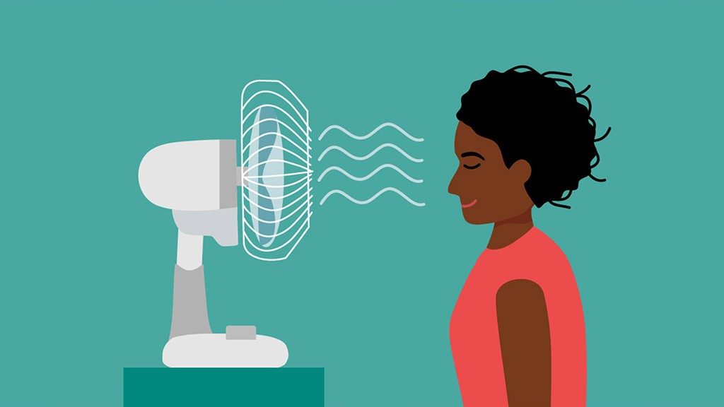 Illustration of woman in pink shirt standing in front of fan cooling off against a blue background