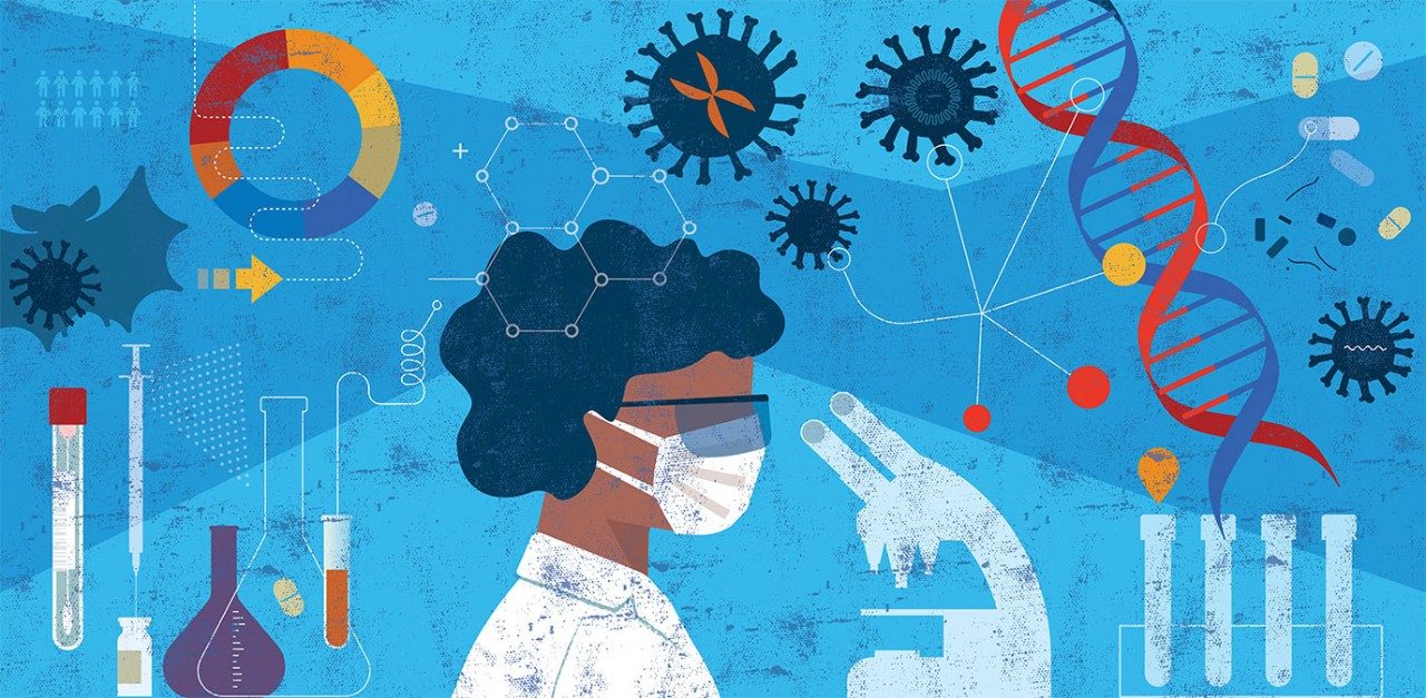 Illustration of woman scientist looking into a microscope